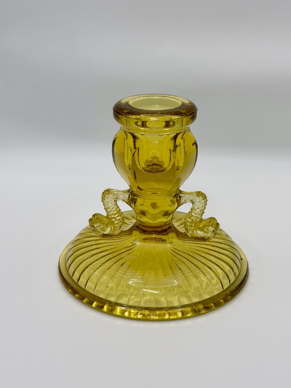 Vintage Yellow / Amber Glass Candle Holder with Fish Handles